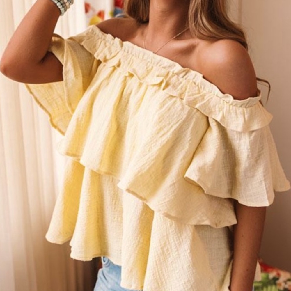 Bay of Bliss Pale Yellow Flirty Ruffles Off the Shoulder Top